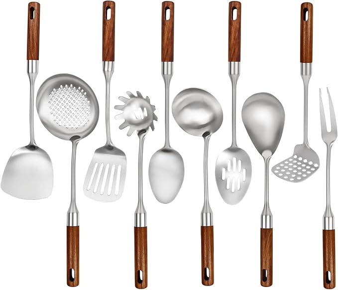 Stainless Steel Kitchen Utensils Set with Wood Handle,10PCS Metal Cooking Utensils Set, Stainless Steel Cooking Utensils Sets Heat Resistant Wok Tools(12-15in)