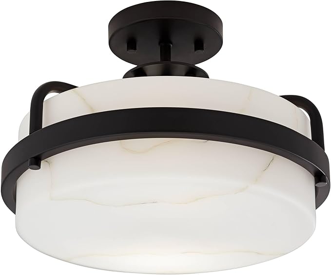 Possini Euro Design Bregman 13" Modern Semi Flush-Mount Ceiling Light Fixture Kitchen Foyer Hallway Drum Round Black Finish White Stone Glass Metal Bedroom Bathroom Entryway Living Room Indoor