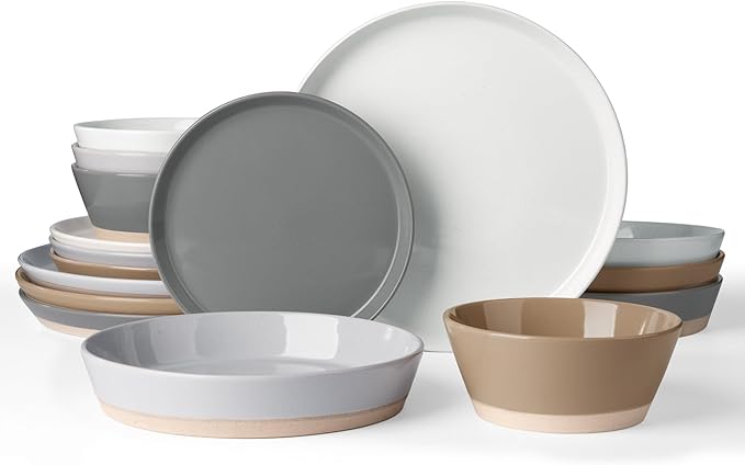 Famiware Saturn Dinnerware Set with Pasta Bowl, 16 Pieces Dish Set, Plates and Double Bowls Sets for 4, Chip and Scratch Resistant, Microwave and Dishwasher Safe Tableware, Multi-color
