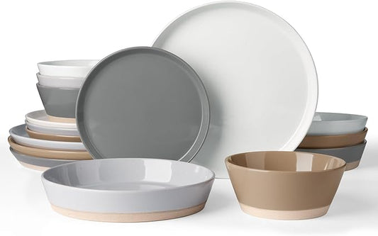 Famiware Saturn Dinnerware Set with Pasta Bowl, 16 Pieces Dish Set, Plates and Double Bowls Sets for 4, Chip and Scratch Resistant, Microwave and Dishwasher Safe Tableware, Multi-color