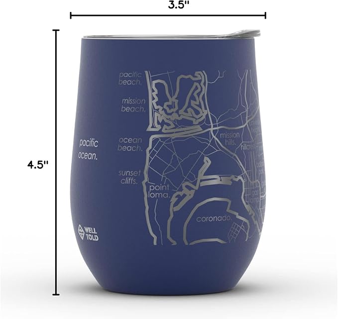 Well Told Engraved San Diego California Map Insulated Wine Tumbler, Etched Stainless Steel Cup (12 oz, Midnight Blue) City Map Insulated Tumbler, Custom Insulated Tumbler, Outdoor Drinkware