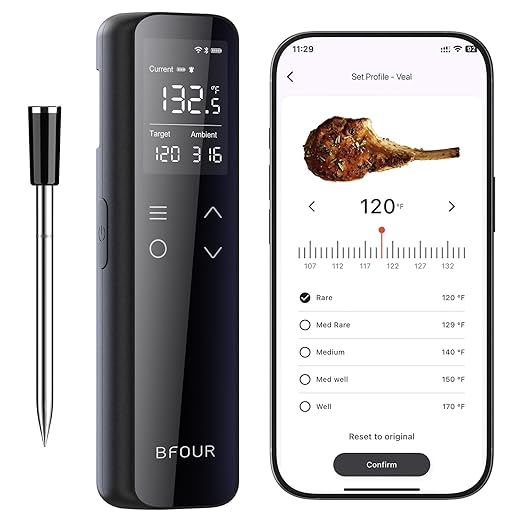 BFOUR WiFi Wireless Meat Thermometer with Standalone Base, 6 Precision Sensor, Waterproof and Heat Resistant, Intuitive Smart App, Bluetooth Meat Thermometer for Cooking, BBQ, Oven, Grill, Smoker