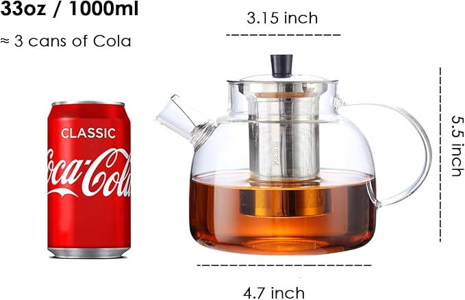 TMOST Glass Teapot with Removable Infuser, Stovetop Safe Tea Kettle blooming Loose Leaf Tea pot (33oz/1000ml)