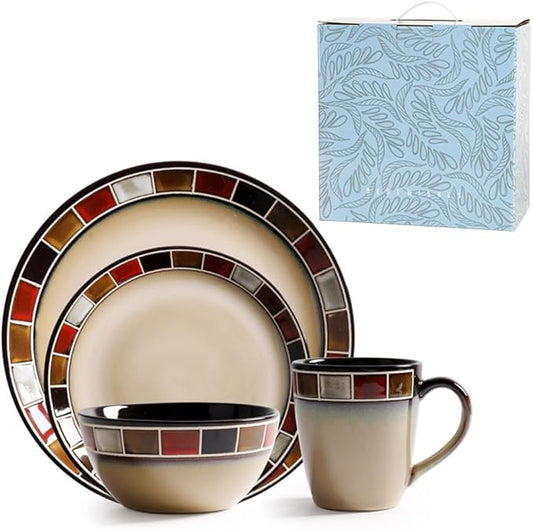Ceramic Dinnerware Set of 4, 4 Pieces Porcelain Dinner Plate, Bowl, Mug for Kitchen – Unique Gift Idea, Scratch Resistant Dishes, Dishwasher & Microwave Safe - Red (Red)