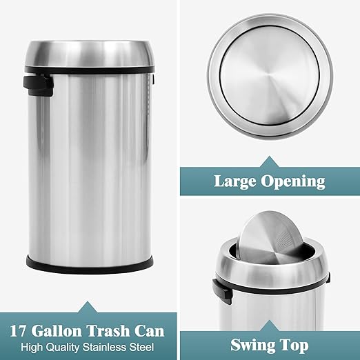 Garvee 17 gal Trash Can, Fingerprint-Proof Stainless Steel Swing Top Garbage Can, Heavy Duty Commercial Round Trash Bin with Swing Lid for Restaurant, Home, Office, Silver