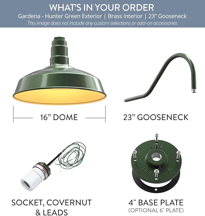 Steel Lighting Co. | Dusk to Dawn | Gardena Barn Light | Outdoor Wall Mounted | 16" Dome | 23" Gooseneck | Farmhouse Light Made in America | Hunter Green/Brass