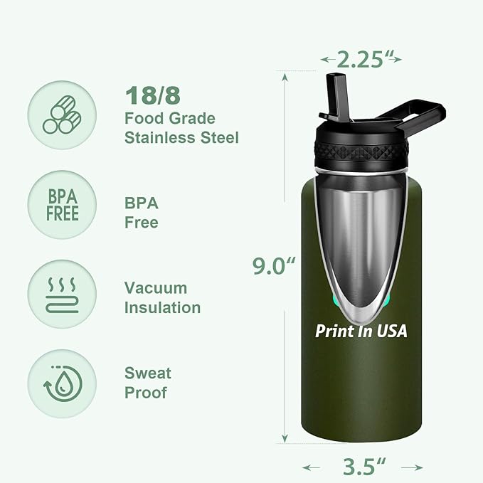 Personalized Custom Print in USA Water Bottle 75Pcs 32oz Stainless Steel Double Wall Coffee Cup with Lid & Straw Insulated Tumbler with Colorful Text Logo Photo