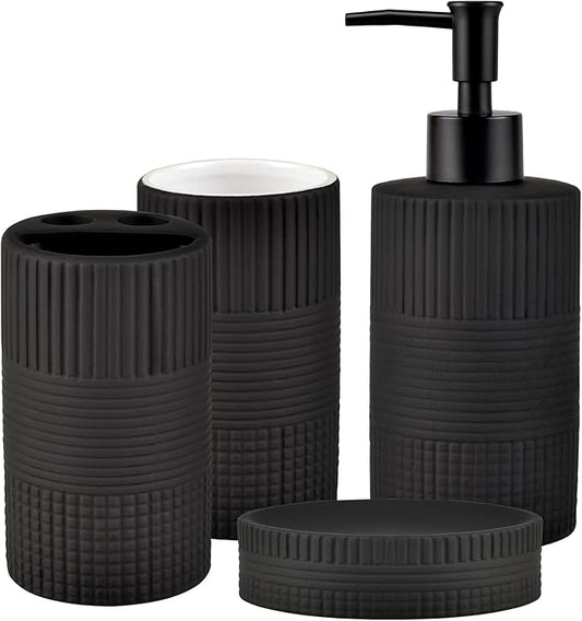 Matte Black Bathroom Accessories Set, 4PC Embossing Ceramic Bathroom Sets Complete-Toothbrush Holders, Soap Dispenser, Soap Dish, Toothbrush Cup, Black Bathroom Decor, Bathroom Countertop Organizer