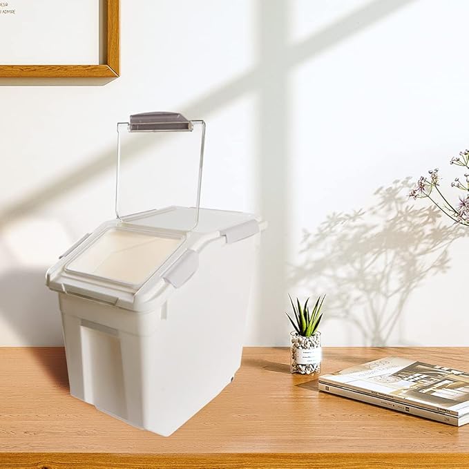 Airtight Flour Storage Container 25 lb Rice Storage Container with Wheels Seal Locking Lid, Food Containers with Measuring Cup& Scoop for Flour, Rice, Grain(Gray)