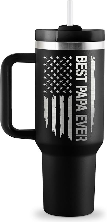 Papa Gifts Birthday Gifts for Papa Grandpa Gift from Grandkids Best Grandpa Birthday Gift 40oz Travel Cup Insulated Tumbler with Handle & Straw