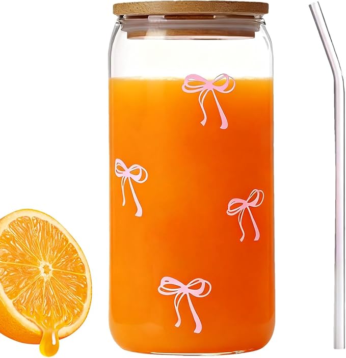 Glass Tumbler with Straw and Lid - 500ml Bow Glassware, Aesthetic, Water Mug | Cute Drinking Cup for Iced Coffee, Tea Cocktails, Tumbler, Teen Girls, Home & Bar Use