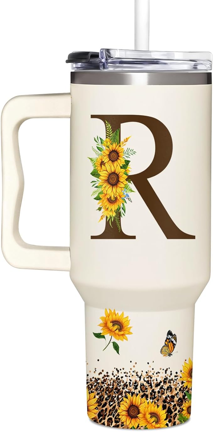 Personalized Birthday Gifts For Women - Sunflowers Monogrammed Cup For Boss Day, Christmas - Customized Gifts For Women, Mom, Wife, Coworkers, Boss Lady, Her - Custom Tumbler With Handle 40oz