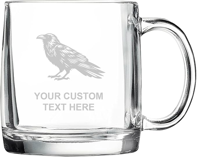 Raven, Personalized 12.5 oz Polar Camel Glass Coffee Desk Mug – Custom Laser Engraved Clear Cup for Tea, Espresso, Latte, Whiskey - Microwave Safe/Made in USA