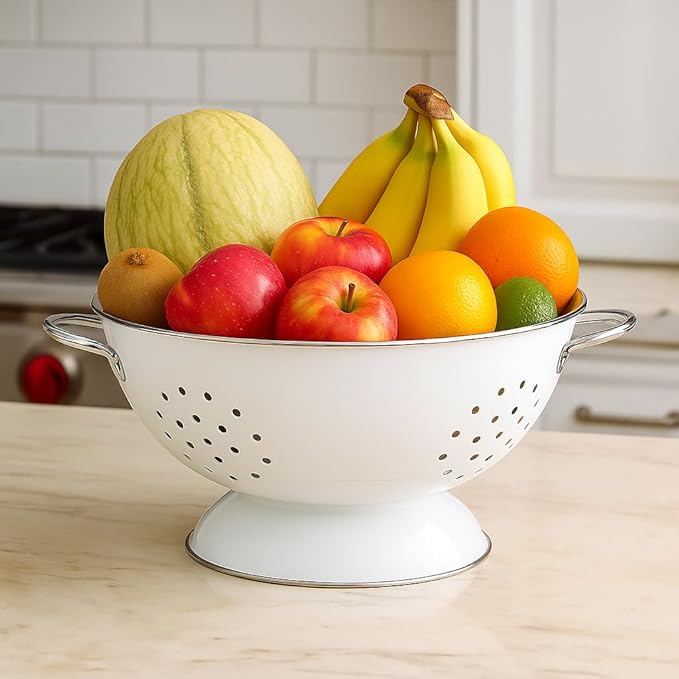 Reston Lloyd Calypso Basics Extra Large Enameled Colander with Solid Base, Strainer Basket with Handles, for Pasta, Berries, Vegetables, Fruit, 7 Quart, 224oz/ 6.6 L ), Azure