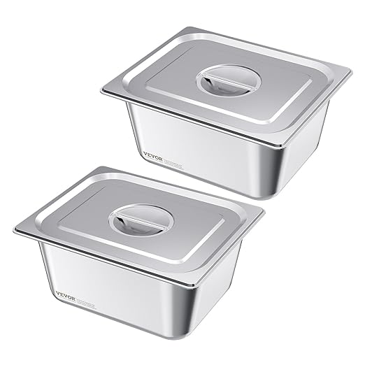 VEVOR 2 Pack Stainless Steam Hotel Pans, 1/2 Size Table Steam Pans With Lids, 6 Inch Deep, Anti Jam Restaurant Supplies Reusable Catering Storage for Home, Party, Restaurant, Hotel, Buffet