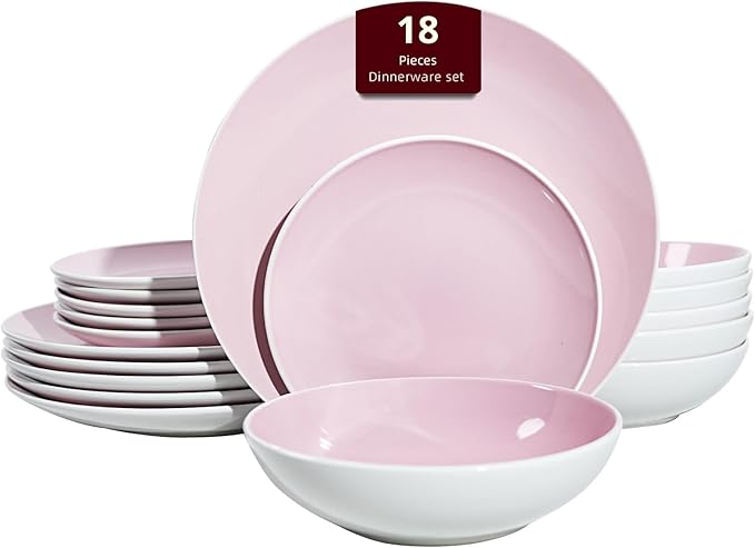 Stoneware Coupe Shape 18pc Dinnerware Set, Outside White + Inside Pink