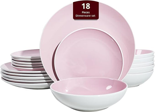 Stoneware Coupe Shape 18pc Dinnerware Set, Outside White + Inside Pink