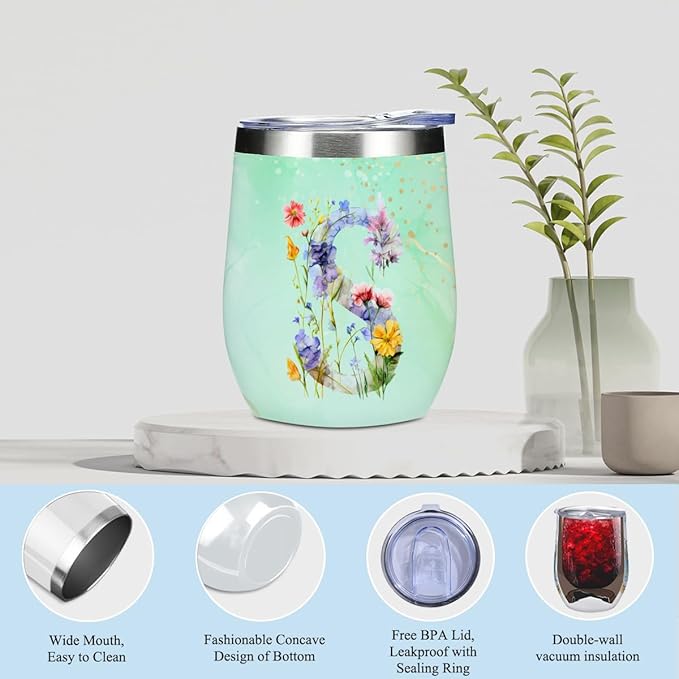 Personalized Gifts Monogrammed Birthday Gifts for Women, New Mom, Grandma Valentine's Day Thank You Christmas, Initial Wine Tumbler Makeup Bag Scented Candle Bracelet Set, (Aesthetic Green Flower S)
