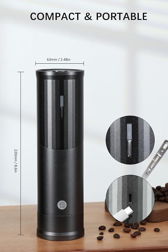Electric Coffee Grinders, Portable Burr Grinder Capacity 50g w/Magnetic Cover,External Adjustable Setting, Aluminum Alloy Body, 800mAh Battery(Stand not Included) Black