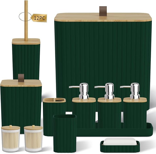 Bathroom Accessory Set - Dark Green Bathroom Set, 12PC Bathroom Accessories Set, Dark Green Bathroom Accessories Set, Mini Trash Can, Toilet Brush, Trash Can & Soap Dispenser