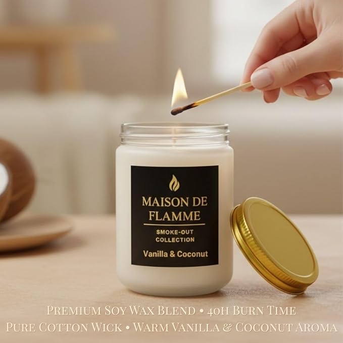 Vanilla & Coconut Odor-Eliminating Scented Candle (White Jar, 200g/7oz) | Long-Lasting Premium Soy Wax Candle for Smoke, Kitchen & Pet Odors