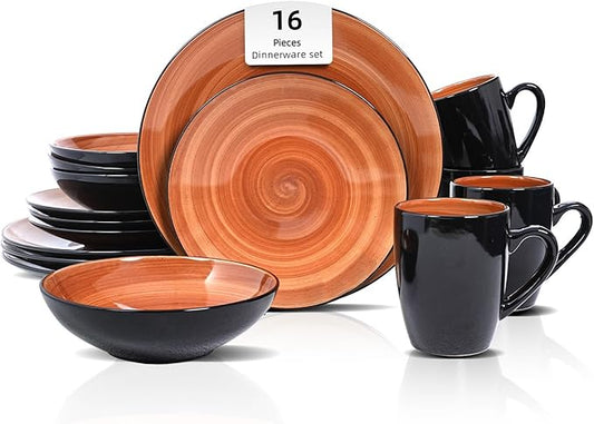 Sonoma Stoneware 16pc Dinnerware Set, Outside Black + Inside Hand Painting Color Spice