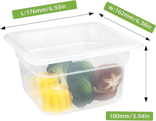 6-Pack Food Pan with Lids, 1/6 Size Food Storage Containers for homes, schools, restaurants, hotels Meal Prep, -40℉-160℉, Stackable, Freezer-Safe (1/6 size 4 inch deep, 1.53L/1.62QT)