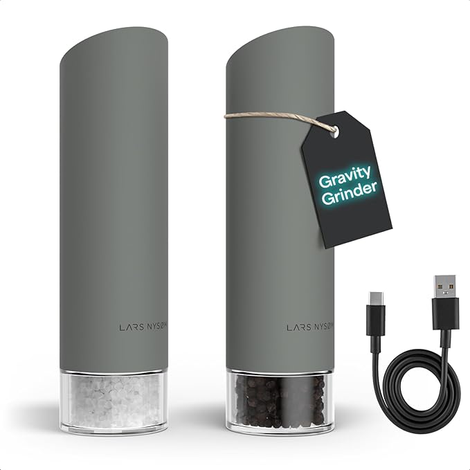 LARS NYSØM Gravity Grinder - Electric Salt & Pepper Grinder Set - USB-C Rechargeable Automatic Spice Grinder, Adjustable Coarseness, One-Handed Operation for Kitchen (Ash Gray)