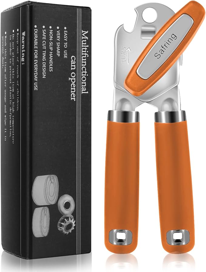 Can Opener Manual, Heavy Duty Handheld Strong Can Opener with Soft Touch Handle, Sharp Blade Smooth Edge, Can Openers with Multifunctional Bottle Opener, Orange