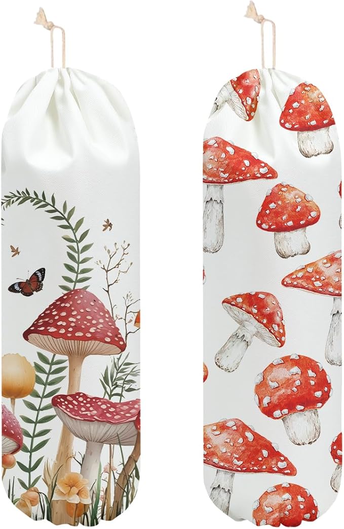 2 Pcs Mushroom Plastic Bag Holder, Floral Butterfly Grocery Bag Holder for Plastic Bags, Reusable Washable Shopping Bags Storage Dispenser for Home Kitchen Pantry Decor, Cute Mushroom Gifts for Women