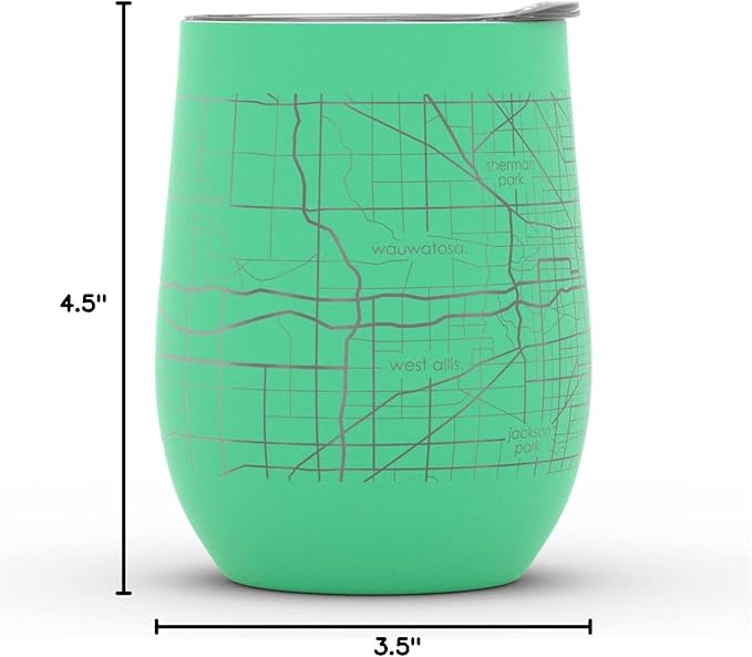 Well Told Engraved Milwaukee Wisconsin Map Insulated Wine Tumbler, Etched Stainless Steel Cup (12 oz, Sunday Green) City Map Insulated Tumbler, Custom Insulated Tumbler, Outdoor Drinkware