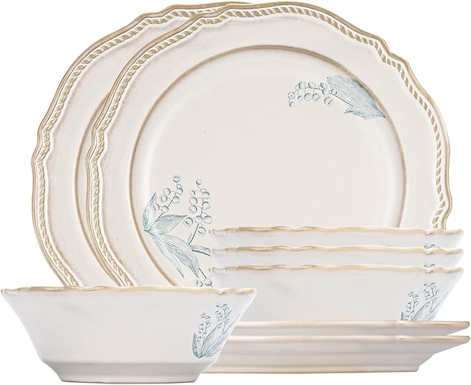 8-Piece Dinnerware Set - Lily Bloom Series, Service for 4, Includes 6'' Bowls & 10'' Plates, Retro Vintage Floral Style, Microwave & Dishwasher Safe