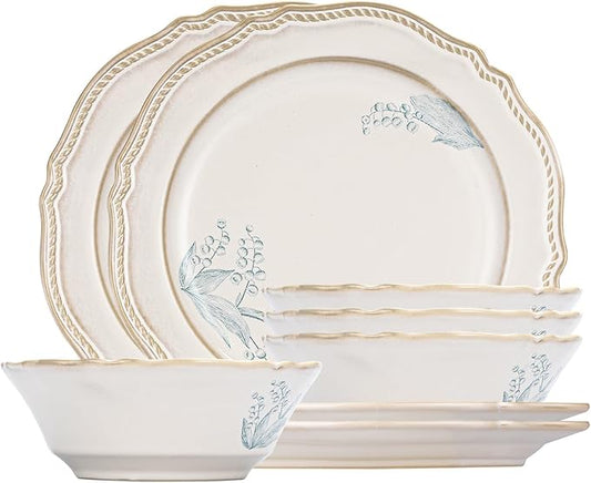 8-Piece Dinnerware Set - Lily Bloom Series, Service for 4, Includes 6'' Bowls & 10'' Plates, Retro Vintage Floral Style, Microwave & Dishwasher Safe