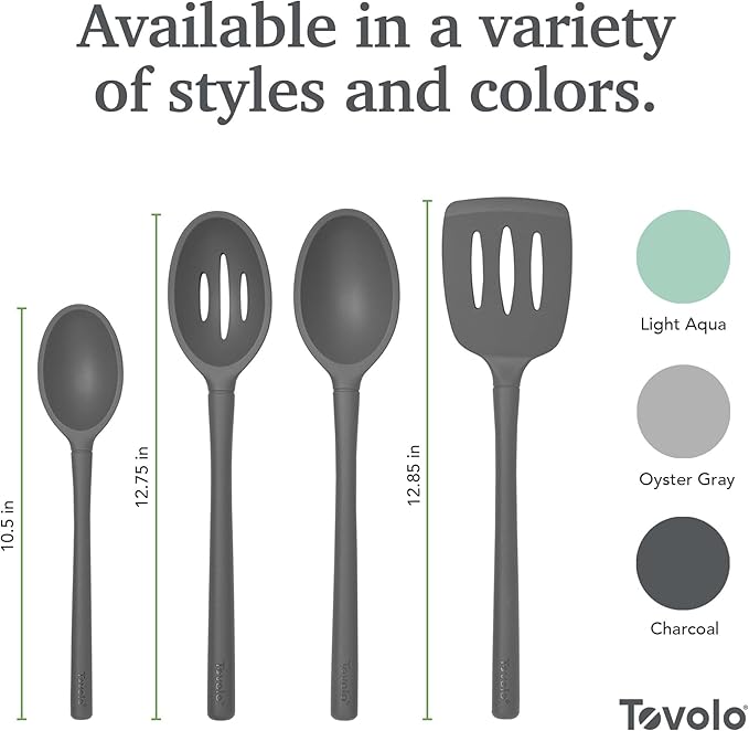Tovolo Flex Core Silicone Kitchen Utensils Set Charcoal Gray BPA Free Set of 4 Bundle Deep Spoons Slotted Spatula Turner, Dishwasher Safe Heat Resistant Kitchen Utensils Set for Cooking Non Toxic