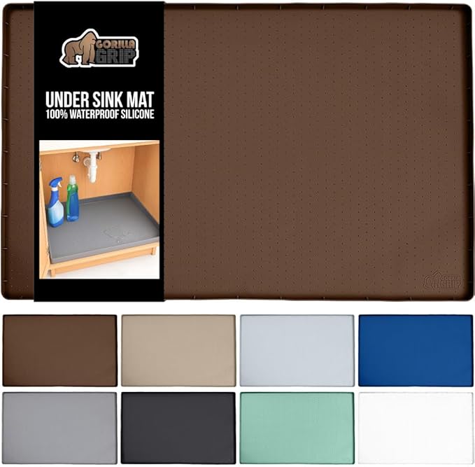 GORILLA GRIP Waterproof Silicone Under Sink Mat with Raised Lip for Kitchen and Bathroom, 28 x 22 in, Cabinet Shelf Liner Stay in Place Mats Dishwasher Safe Drawer Liner, Organizer Tray, Coffee