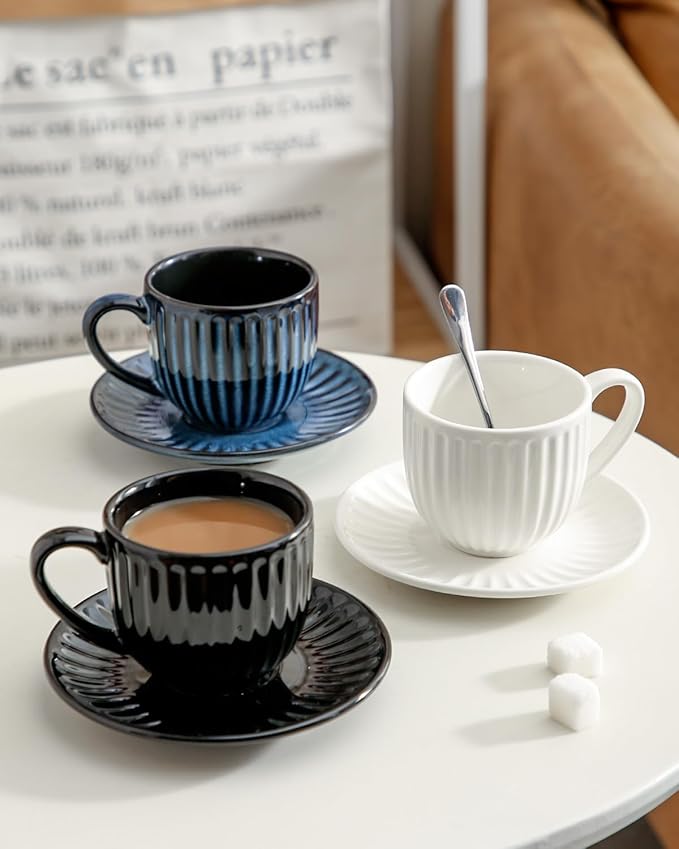 Hasense Ceramic Cappuccino Cups and Saucers - 8 Oz, Large Ribbed Latte Cups Set of 4 for Coffee,Tea,Latte and Macchiato, Demitasse Cups Set Aesthetic Gifty, White