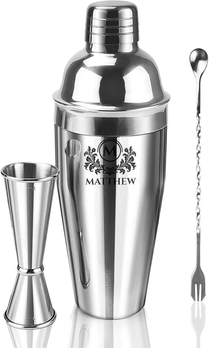 Custom Name Cocktail Shaker Set 24 oz - Personalized Stainless Steel Martini Shaker with Strainer & Measurements - Bar Shaker Gift for Bartenders & Cocktail Enthusiasts
