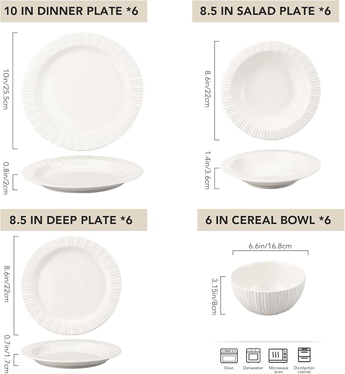 24-Piece White Ceramic Dinnerware Set - Rhine Series, Service for 6, Includes Bowls, Flat & Deep Plates, Microwave & Dishwasher Safe