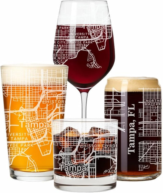 Blue Ridge Mountain Gifts - Tampa Souvenir - Florida Glassware Gift, Etched City Map, Laser Engraved and Dishwasher Safe