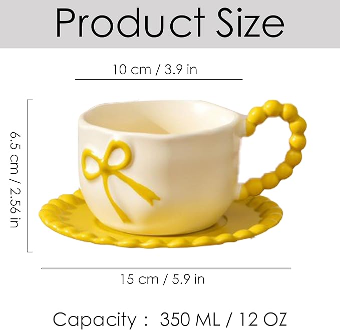Bow Coffee Mug Yellow Coquette Coffee Mugs Set with Saucer 12 OZ Porcelain Tea Cup Bow Cute Mug for Women Girl