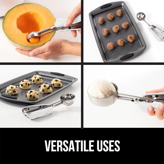 GORILLA GRIP BPA-Free Stainless Steel Cookie Scoop, 1 TBSP Scooper #60, Soft Grip Handle, Easy Food Release, Create Even Portion Sizes, Multipurpose Kitchen Melon Baller, Meatball Spring Scoops, White