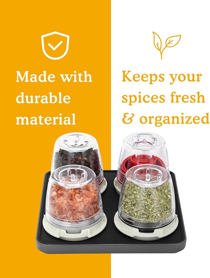 FinaMill Ultimate Gift Set – Battery Operated Spice Mill with 4 Interchangeable Spice Pods & Slate Quartet Stackable Tray, Adjustable Coarseness, Ceramic Grinder, LED Light, Easy One-Handed Operation