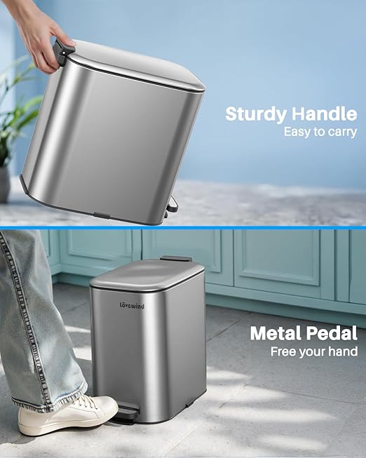 Lovewind Trash Can with Lid, 5.2 Gallon/20 L Footstep Garbage Can for Kitchen Bathroom Bedroom Home Office, 20 Liter Trash Bin Brushed Stainless Steel Waste Bin with Soft-Close Lid, Silver