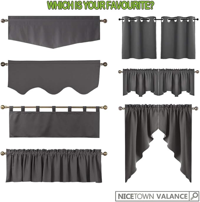 NICETOWN Room Darkening Window Treatments Pole Pocket Kitchen Tier Curtains- Tailored Scalloped Valance/Swags for Bedroom (One Set, W36 X L63 inches Each Panel, Platinum-Greyish White)