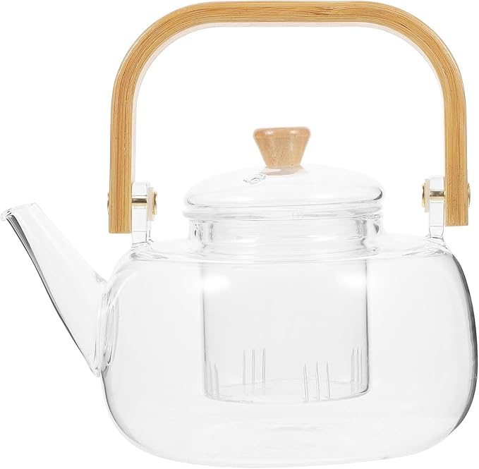 Glass Teapot,1000ml Large Capacity Multifunctional Borosilicate Teapot with Bamboo HandleTeapot with Removable Loose Tea Infuser,Glass Tea Pot Gas & Electric Stovetop Safe.（No heater included）