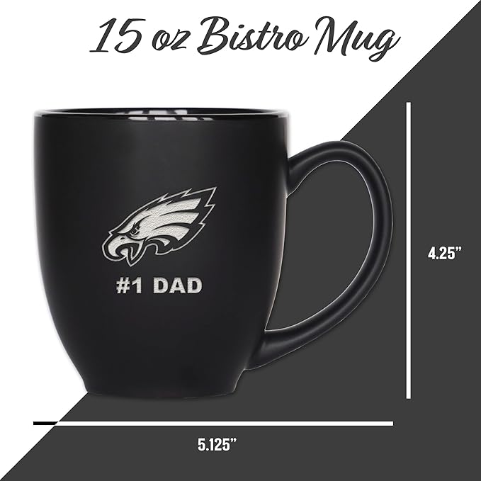 Rico Industries NFL Football #1 Dad 15oz Laser Engraved Matte Black Ceramic Bistro Mug - for Hot or Cold Drinks