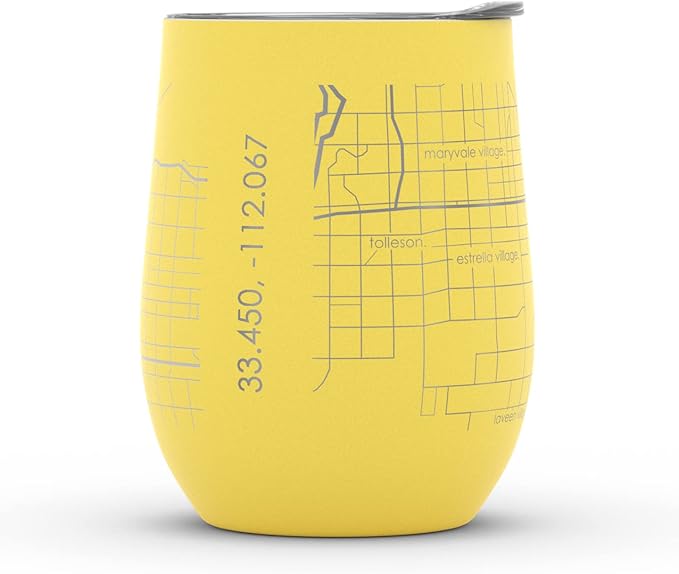 Well Told Engraved Phoenix Arizona Map Insulated Wine Tumbler, Etched Stainless Steel Cup (12 oz, Sunrise Yellow) City Map Insulated Tumbler, Custom Insulated Tumbler, Outdoor Drinkware