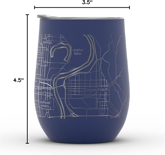 Well Told Engraved Omaha Nebraska Map Insulated Wine Tumbler, Etched Stainless Steel Cup (12 oz, Midnight Blue) City Map Insulated Tumbler, Custom Insulated Tumbler, Outdoor Drinkware