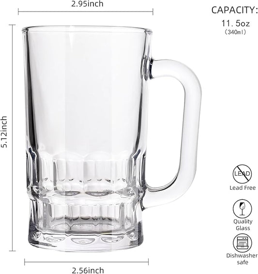 Beer Mugs Set, 11.5oz Glass Mugs With Handle, Beer Glasses For Freezer, 340ml Beer Drinking Glasses, Traditional Stein For Bar, Beverages,Coffee, Teas, Set of 4
