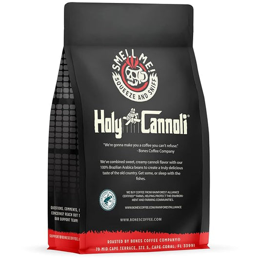 Bones Coffee Company Holy Cannoli, Baked Cannoli Flavored Coffee, Medium Roast Low Acid Arabica Beans Compatible with Auto drip and French Press Coffee Maker, 12 Oz Ground